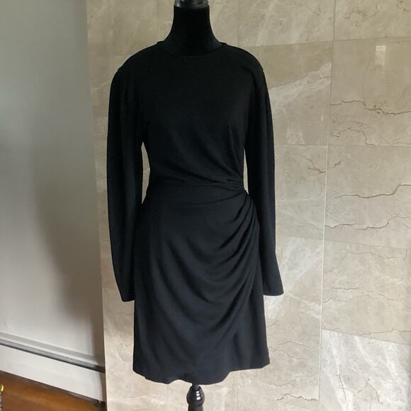 VTG Emanuel Ungaro Wool Dress - 44 / US 10 Black Draped Ruched Minimalist Office - Picture 2 of 10